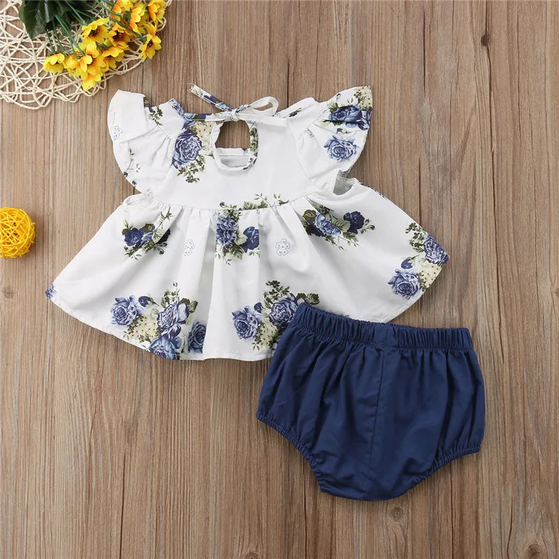 0-24months Baby Girls Summer Clothing Set Flying Sleeves Floral Tops Dress + Bloomers Shorts Outfits For Infant Girls