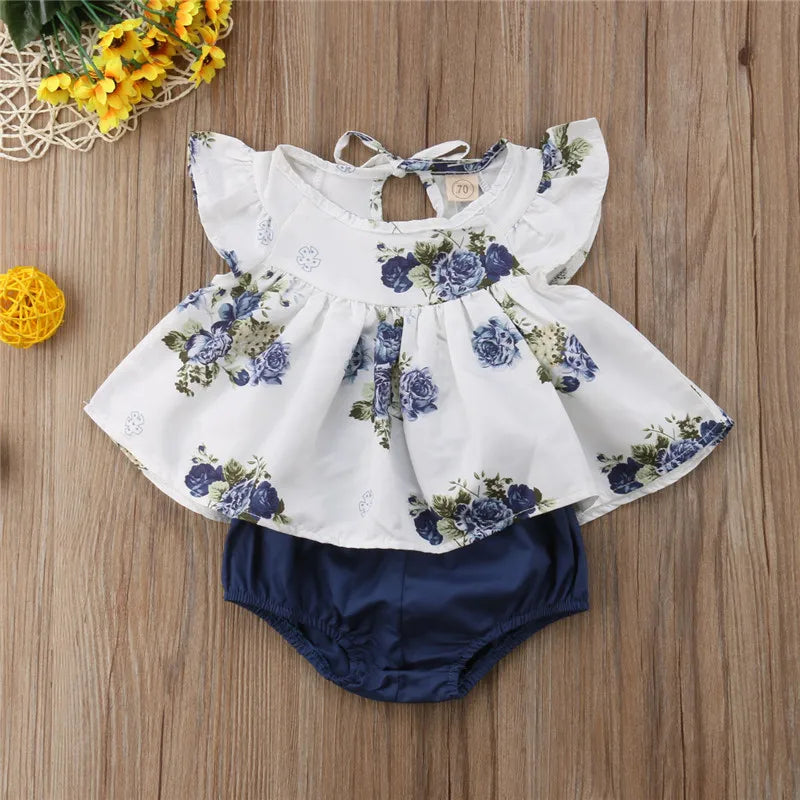 0-24months Baby Girls Summer Clothing Set Flying Sleeves Floral Tops Dress + Bloomers Shorts Outfits For Infant Girls