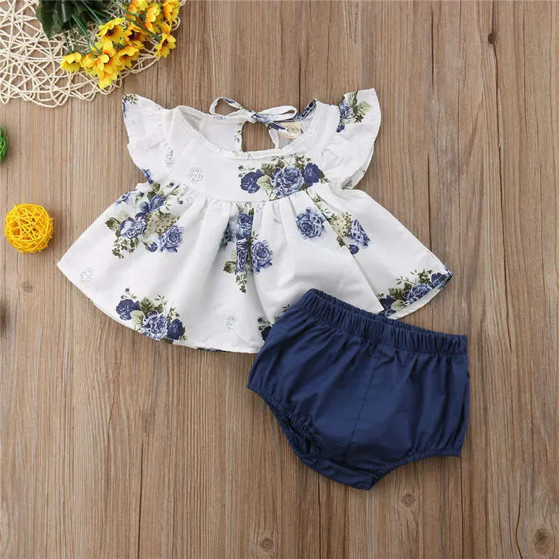 0-24months Baby Girls Summer Clothing Set Flying Sleeves Floral Tops Dress + Bloomers Shorts Outfits For Infant Girls